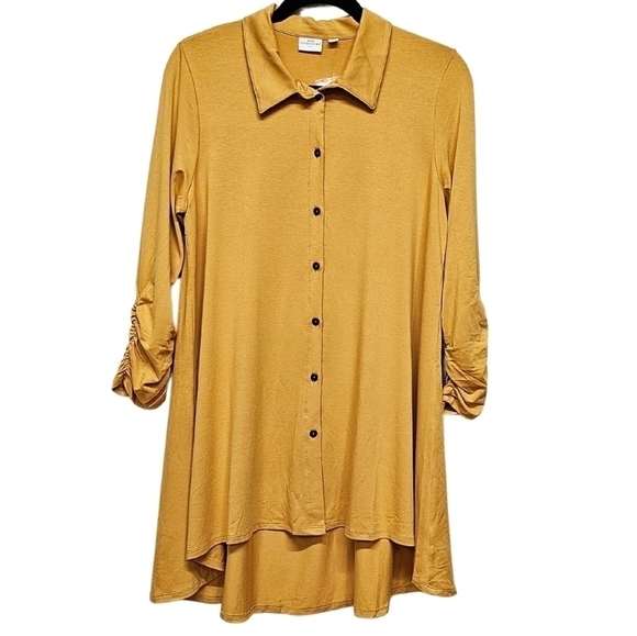 New Directions Julianna Crepe Tunic Button Down, Ruched Sleeve, Squash Yellow. - Picture 1 of 10